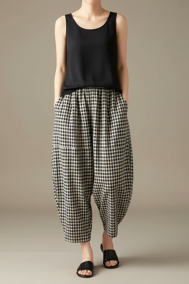 Pantalon Fluide Carreaux Noir Blanc Ample Coton Confortable - Imprimé
