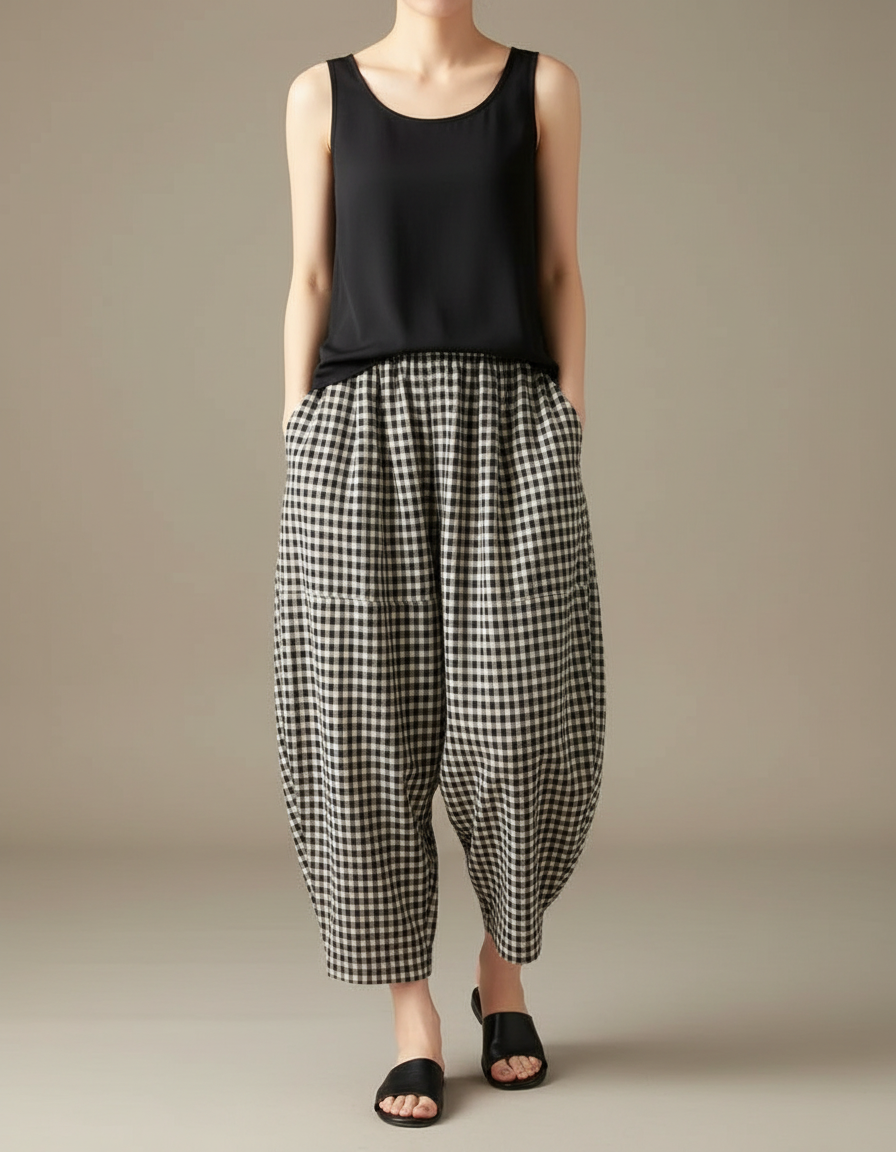 Pantalon Fluide Carreaux Noir Blanc Ample Coton Confortable - Imprimé