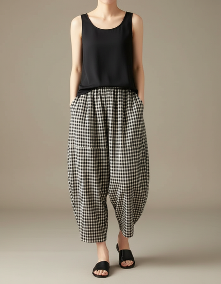 Pantalon Fluide Carreaux Noir Blanc Ample Coton Confortable - Imprimé