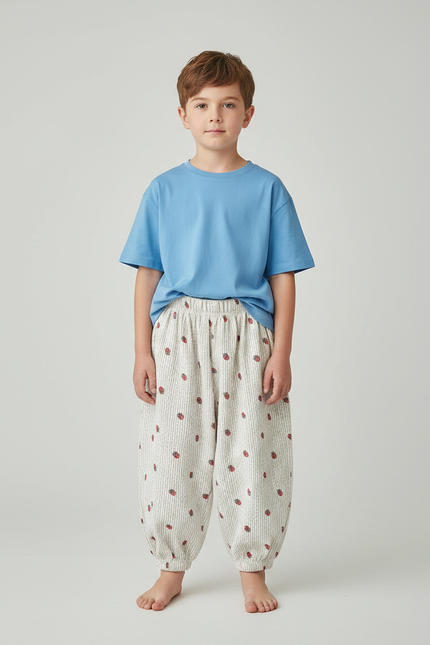 Pantalon Fluide Côtelé Écru Fraises Ample Enfant - Imprimé Cordé