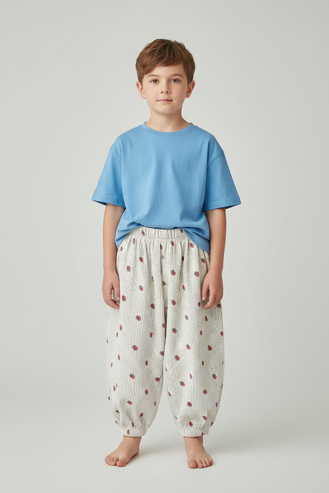 Pantalon Fluide Côtelé Écru Fraises Ample Enfant - Imprimé Cordé