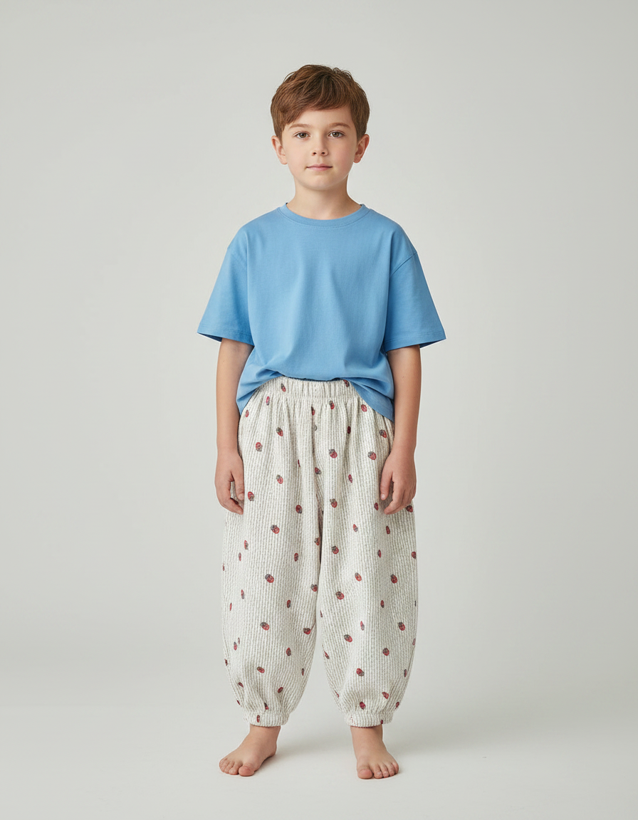 Pantalon Fluide Côtelé Écru Fraises Ample Enfant - Imprimé Cordé