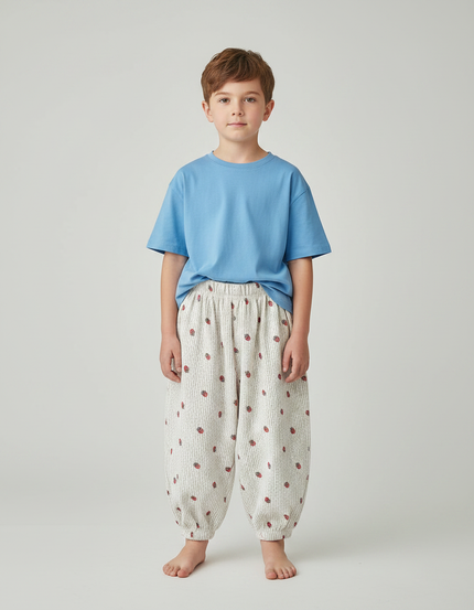 Pantalon Fluide Côtelé Écru Fraises Ample Enfant - Imprimé Cordé