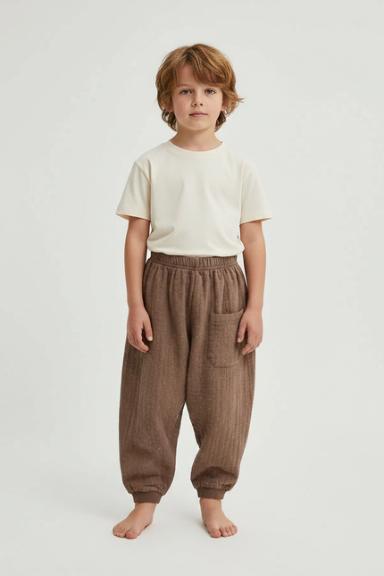 Pantalon Fluide Marron Ample Côtelé Enfant Confortable - Cordé