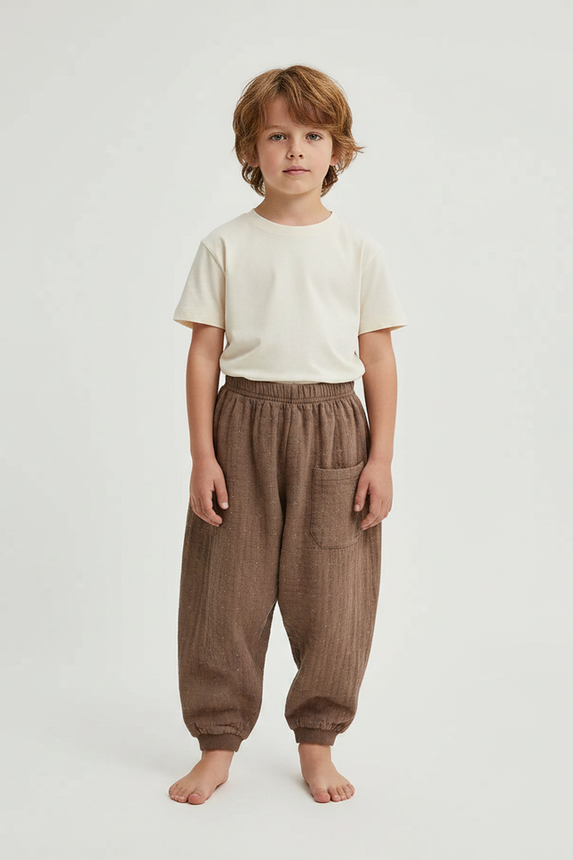 Pantalon Fluide Marron Ample Côtelé Enfant Confortable - Cordé