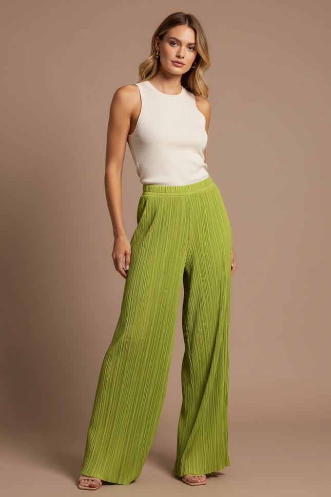 Pantalon Fluide Vert Plissé Ample Large Tendance - Polyester