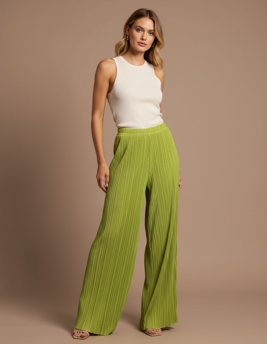 Pantalon Fluide Vert Plissé Ample Large Tendance - Polyester