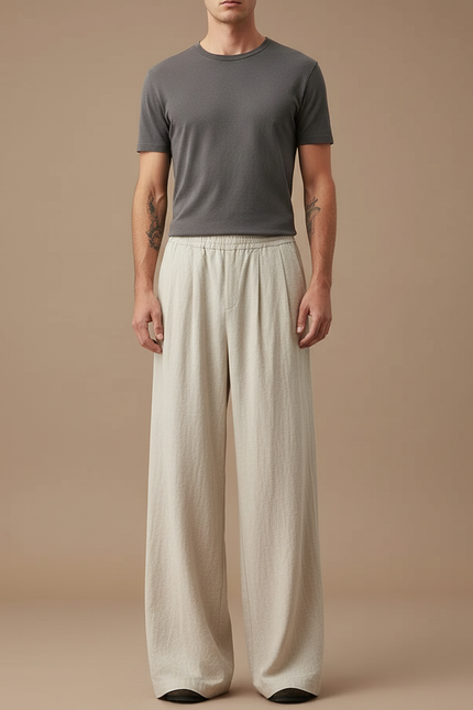 Pantalon Fluide Écru Lin Ample Confortable Homme - Beige