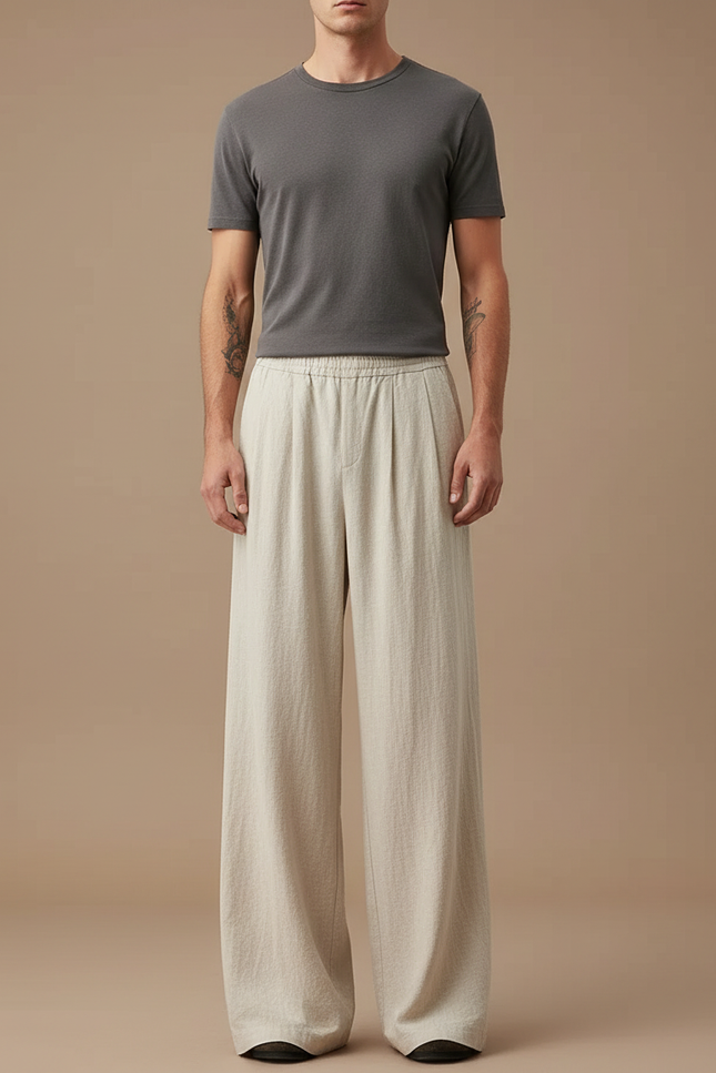 Pantalon Fluide Écru Lin Ample Confortable Homme - Beige