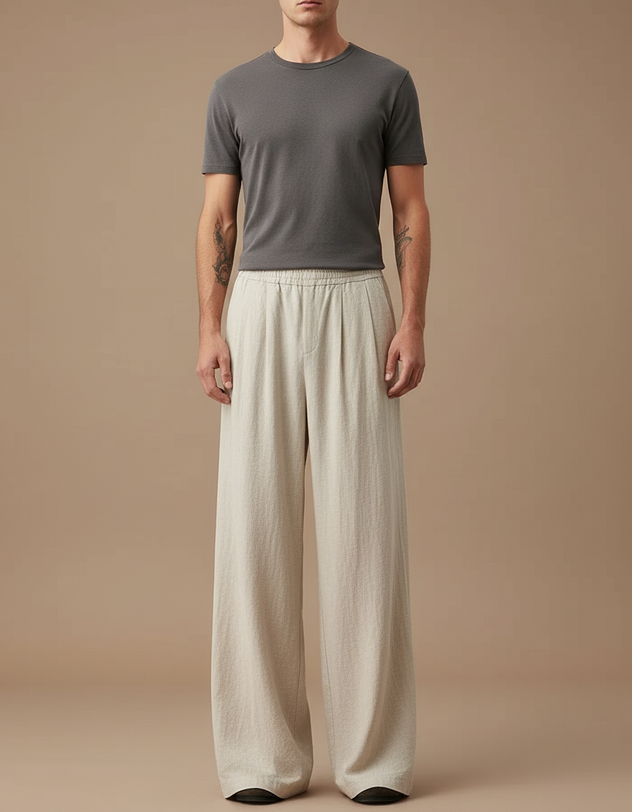 Pantalon Fluide Écru Lin Ample Confortable Homme - Beige