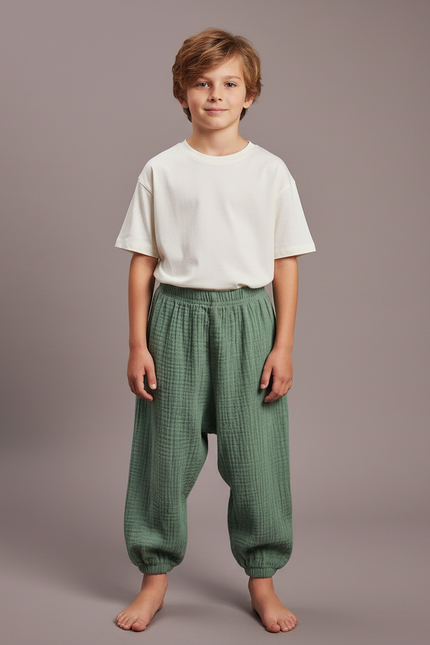 Pantalon Fluide Vert Ample Coton Gaze Garçon