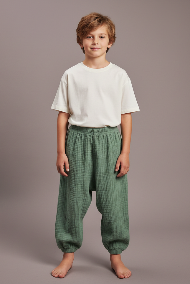 Pantalon Fluide Vert Ample Coton Gaze Garçon