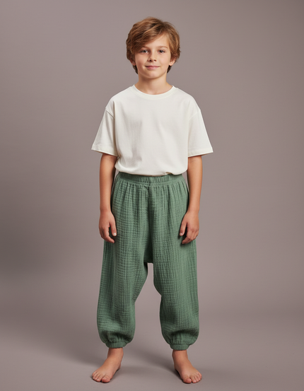 Pantalon Fluide Vert Ample Coton Gaze Garçon