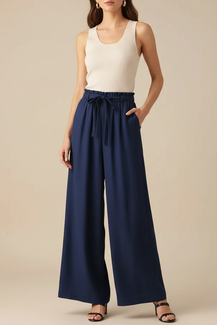 Pantalon Fluide Bleu Marine Ample Taille Haute Lin