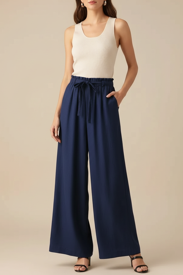 Pantalon Fluide Bleu Marine Ample Taille Haute Lin