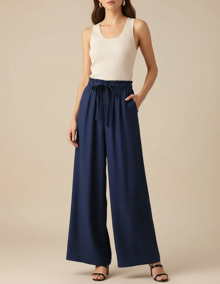 Pantalon Fluide Bleu Marine Ample Taille Haute Lin