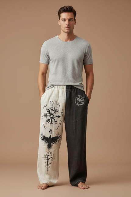Pantalon Fluide Bicolore Lin Imprimé Viking Ethnique Homme - Multicolore