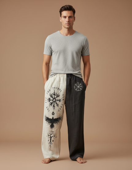 Pantalon Fluide Bicolore Lin Imprimé Viking Ethnique Homme - Multicolore