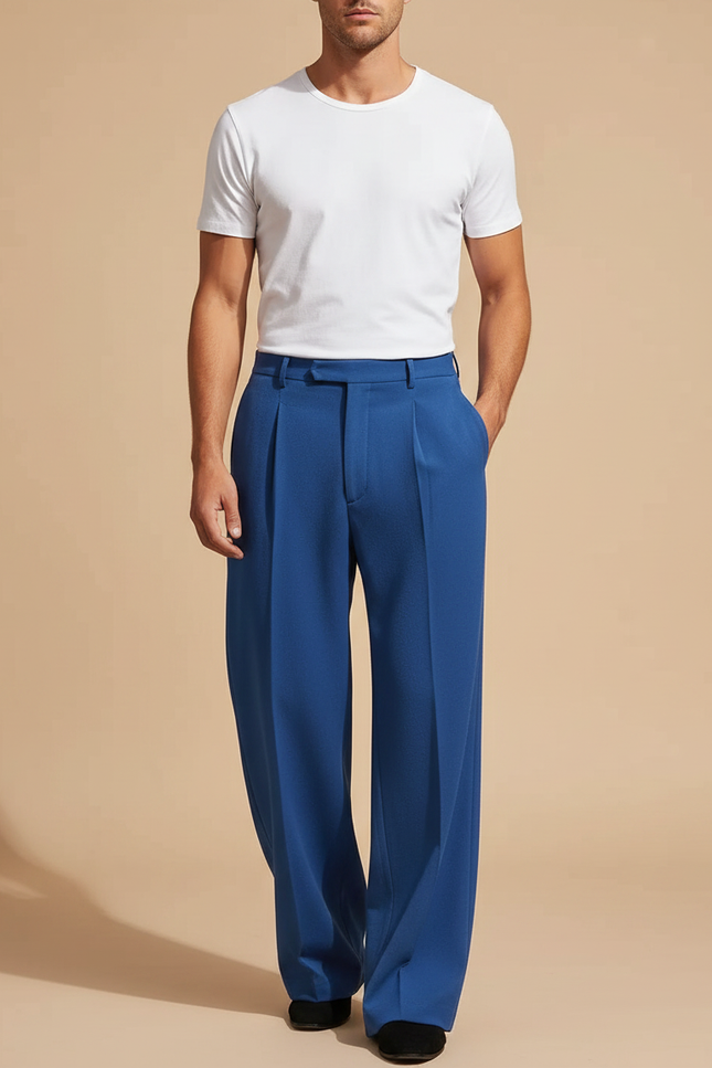 Pantalon Fluide Bleu Royal Plissé Ample Homme Élégant - Viscose