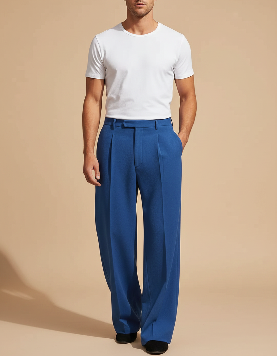 Pantalon Fluide Bleu Royal Plissé Ample Homme Élégant - Viscose
