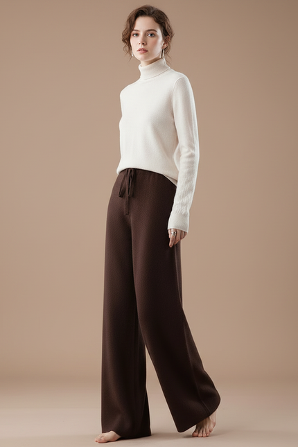 Pantalon Fluide Marron Ample Cordon Laine Mérinos