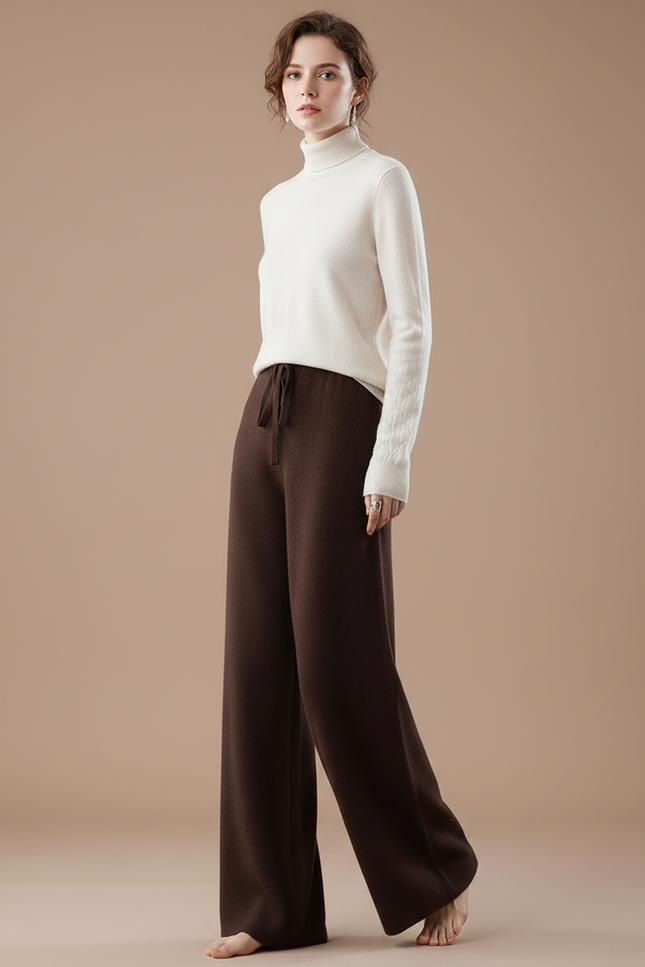 Pantalon Fluide Marron Ample Cordon Laine Mérinos