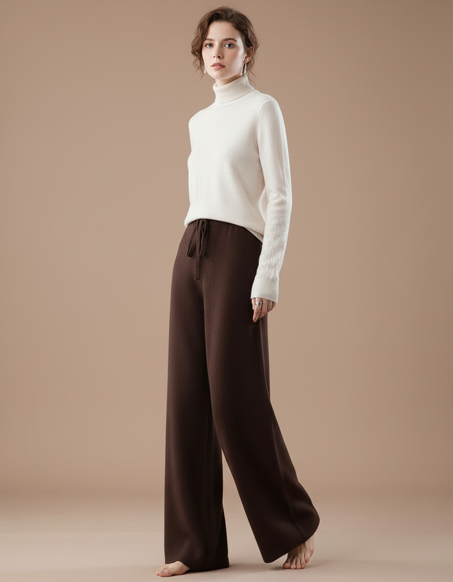 Pantalon Fluide Marron Ample Cordon Laine Mérinos