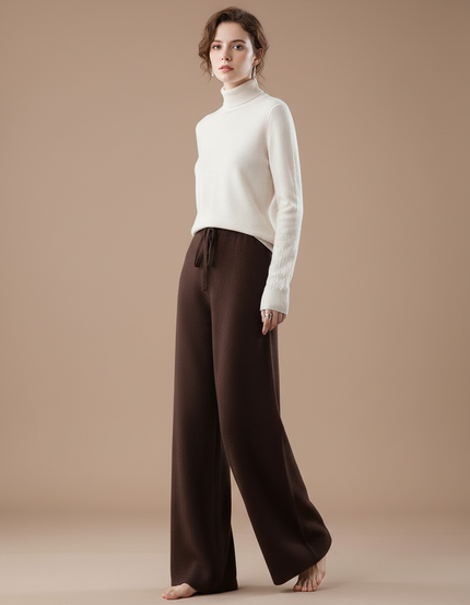 Pantalon Fluide Marron Ample Cordon Laine Mérinos
