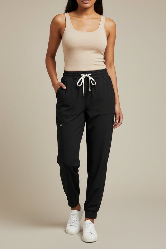 Pantalon Fluide Noir Jogger Cordon Femme Confortable - Polyester