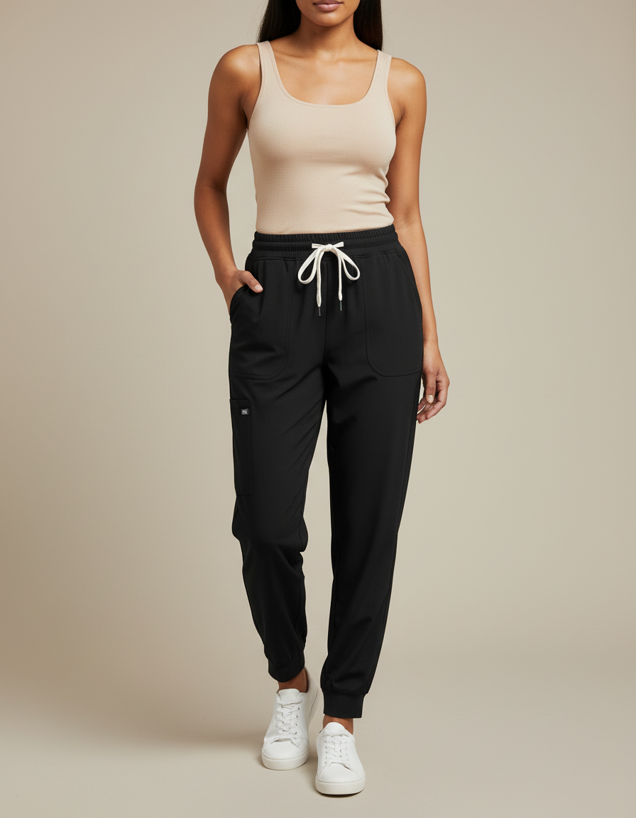 Pantalon Fluide Noir Jogger Cordon Femme Confortable - Polyester