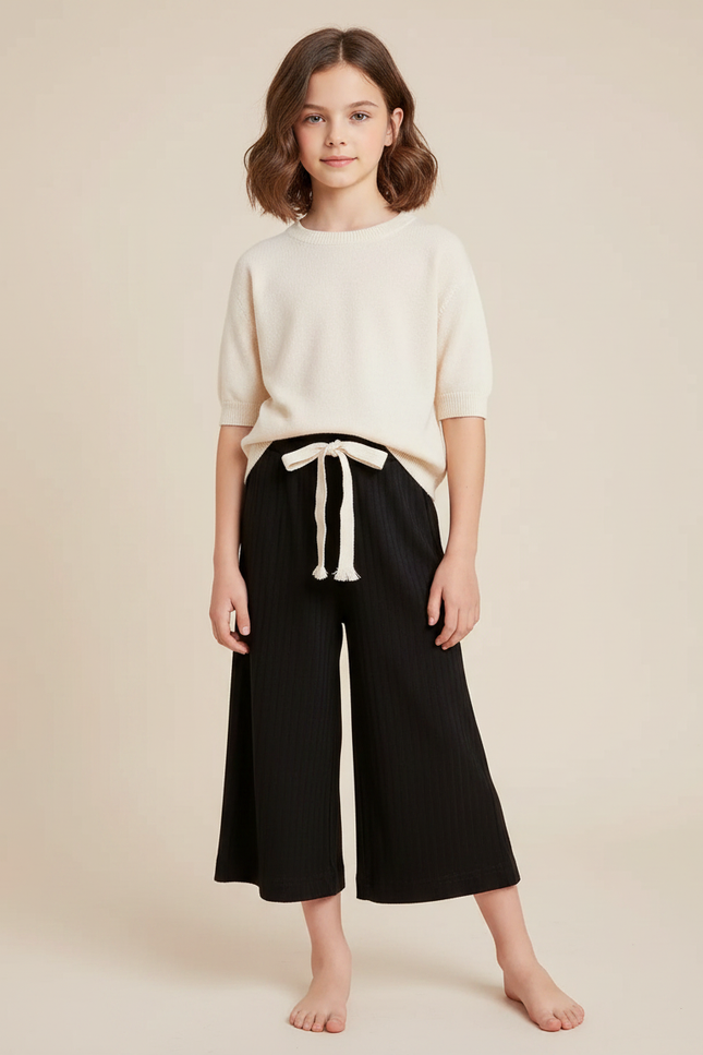 Pantalon Fluide Noir Côtelé Ample Décontracté Fille - Maille