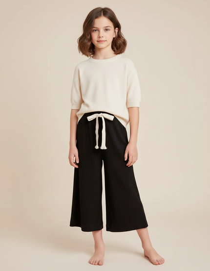 Pantalon Fluide Noir Côtelé Ample Décontracté Fille - Maille