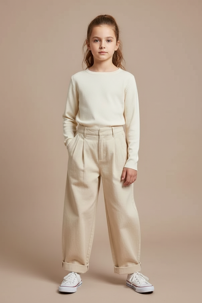 Pantalon Fluide Beige Ample Coton Plissé Décontracté