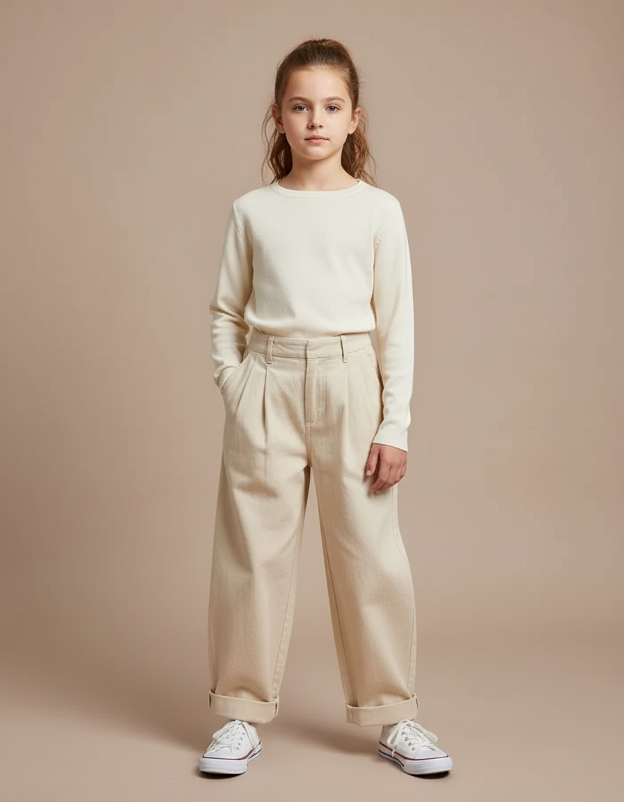 Pantalon Fluide Beige Ample Coton Plissé Décontracté