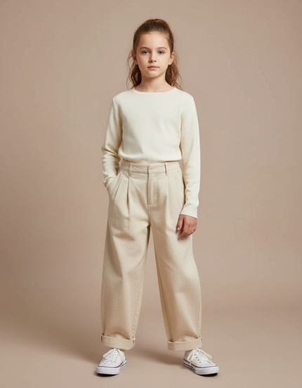 Pantalon Fluide Beige Ample Coton Plissé Décontracté