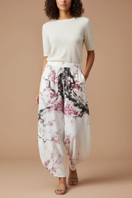 Pantalon Fluide Blanc Imprimé Floral Ample Bohème Femme - Lin