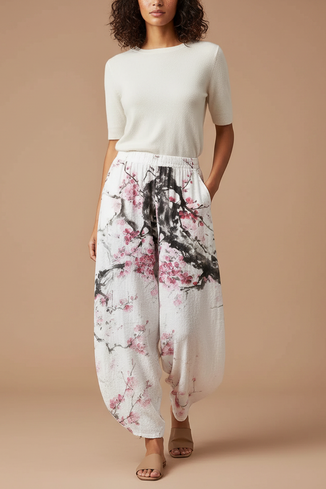 Pantalon Fluide Blanc Imprimé Floral Ample Bohème Femme - Lin