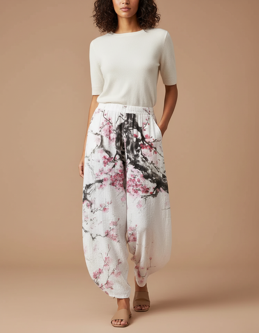 Pantalon Fluide Blanc Imprimé Floral Ample Bohème Femme - Lin