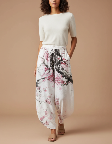 Pantalon Fluide Blanc Imprimé Floral Ample Bohème Femme - Lin