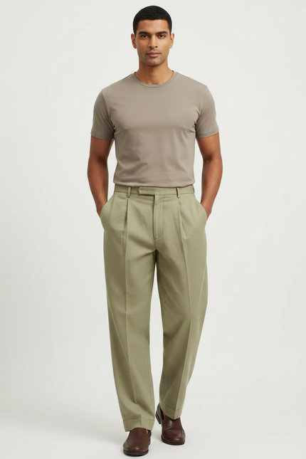 Pantalon Fluide Vert Kaki Ample Plissé Décontracté Homme - Gabardine