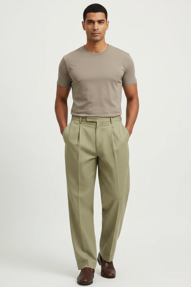 Pantalon Fluide Vert Kaki Ample Plissé Décontracté Homme - Gabardine