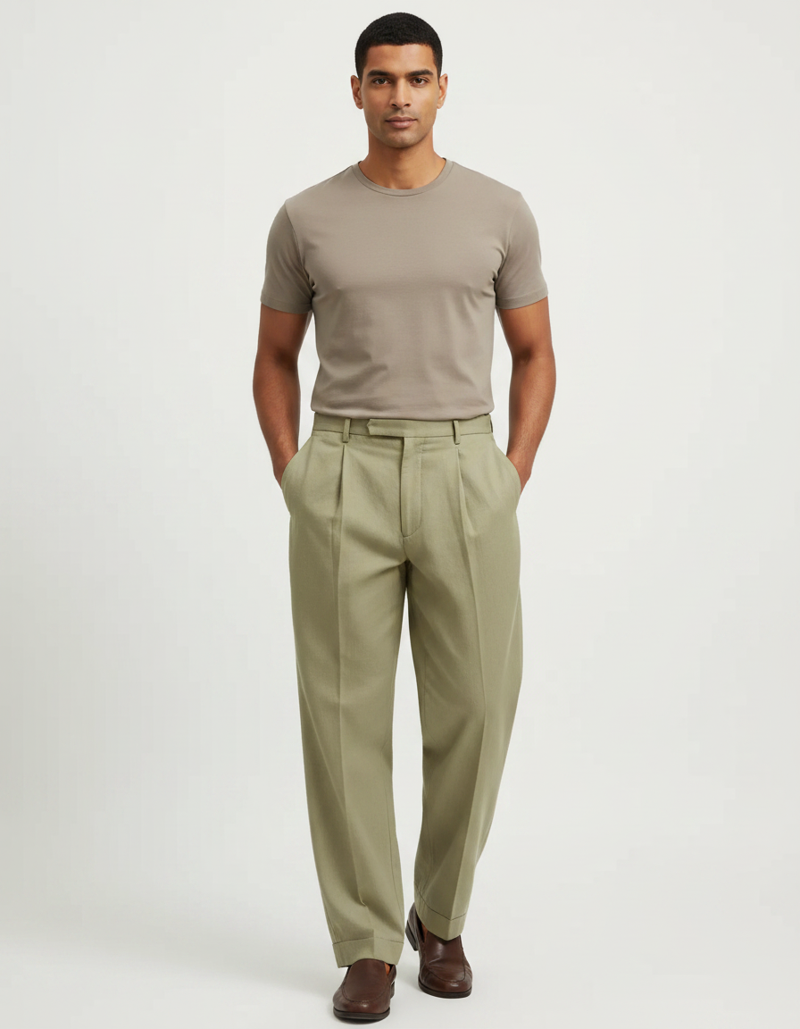 Pantalon Fluide Vert Kaki Ample Plissé Décontracté Homme - Gabardine