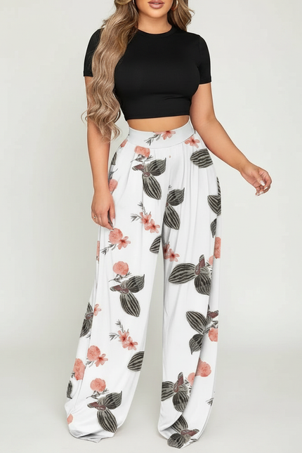 Pantalon Fluide Fleuri Grande Taille - Blanc Viscose