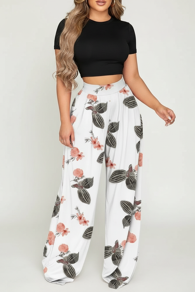 Pantalon Fluide Fleuri Grande Taille - Blanc Viscose