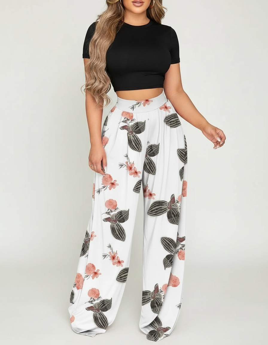Pantalon Fluide Fleuri Grande Taille - Blanc Viscose