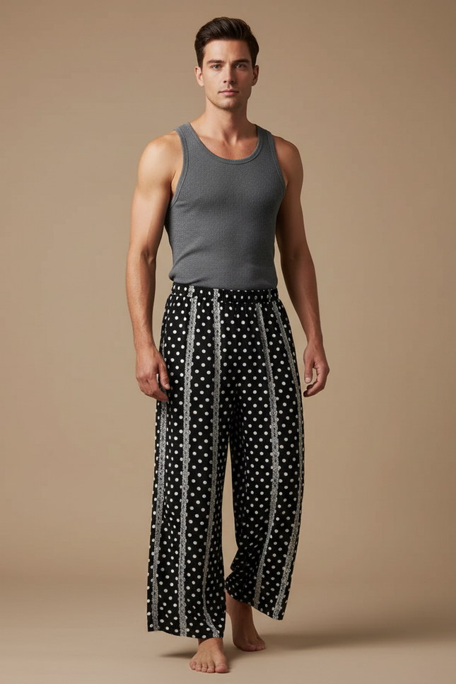 Pantalon Fluide Noir Polka Dots Ample Homme Confortable - Viscose
