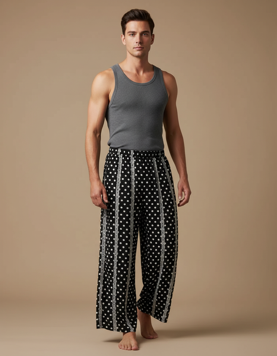 Pantalon Fluide Noir Polka Dots Ample Homme Confortable - Viscose
