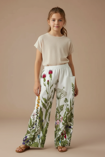Pantalon Fluide Blanc Imprimé Floral Ample Confortable - Viscose