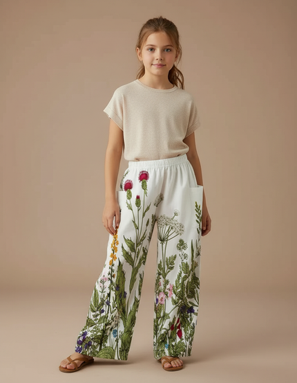 Pantalon Fluide Blanc Imprimé Floral Ample Confortable - Viscose
