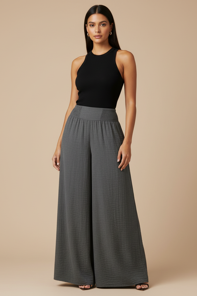 Pantalon Fluide Gris Ample Confortable Taille Haute - Viscose